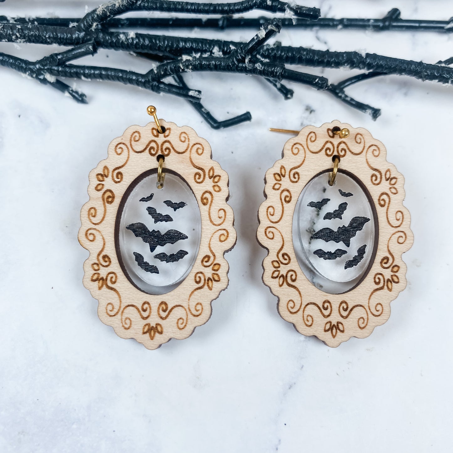 Victorian Inspired Hand Painted Fluttering Bats Earrings
