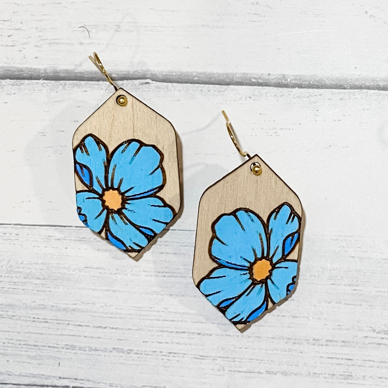 Blue Flower Hand Painted Wood Earrings