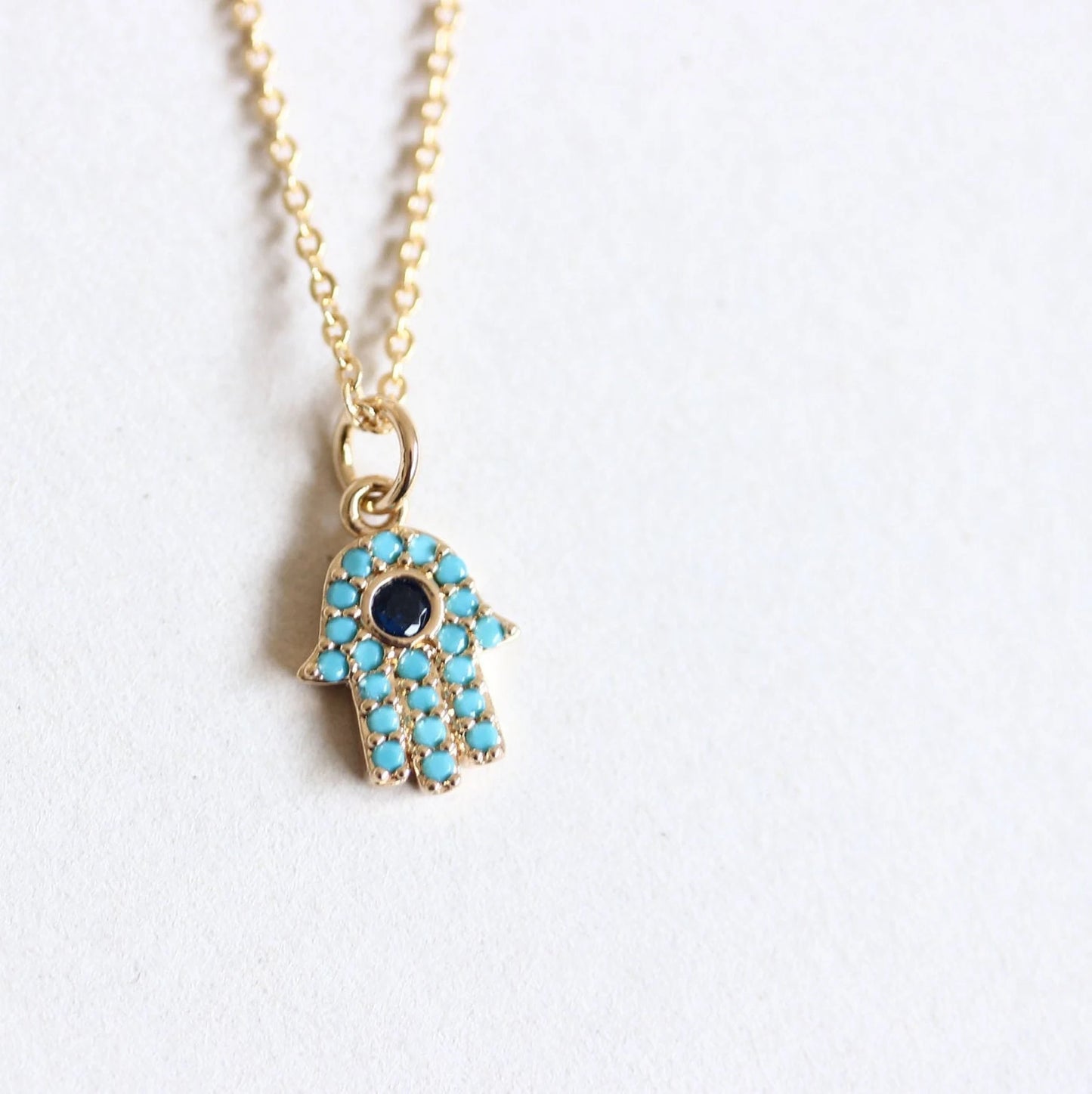 Minimal Sparkling Turquoise Hamsa 18K Gold Plated Necklace, Delicate Turquoise Sapphire CZ Necklace, Golden Hand Protection Necklace, Charm