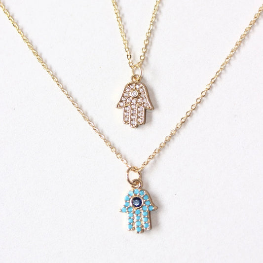 Minimal Sparkling Turquoise Hamsa 18K Gold Plated Necklace, Delicate Turquoise Sapphire CZ Necklace, Golden Hand Protection Necklace, Charm