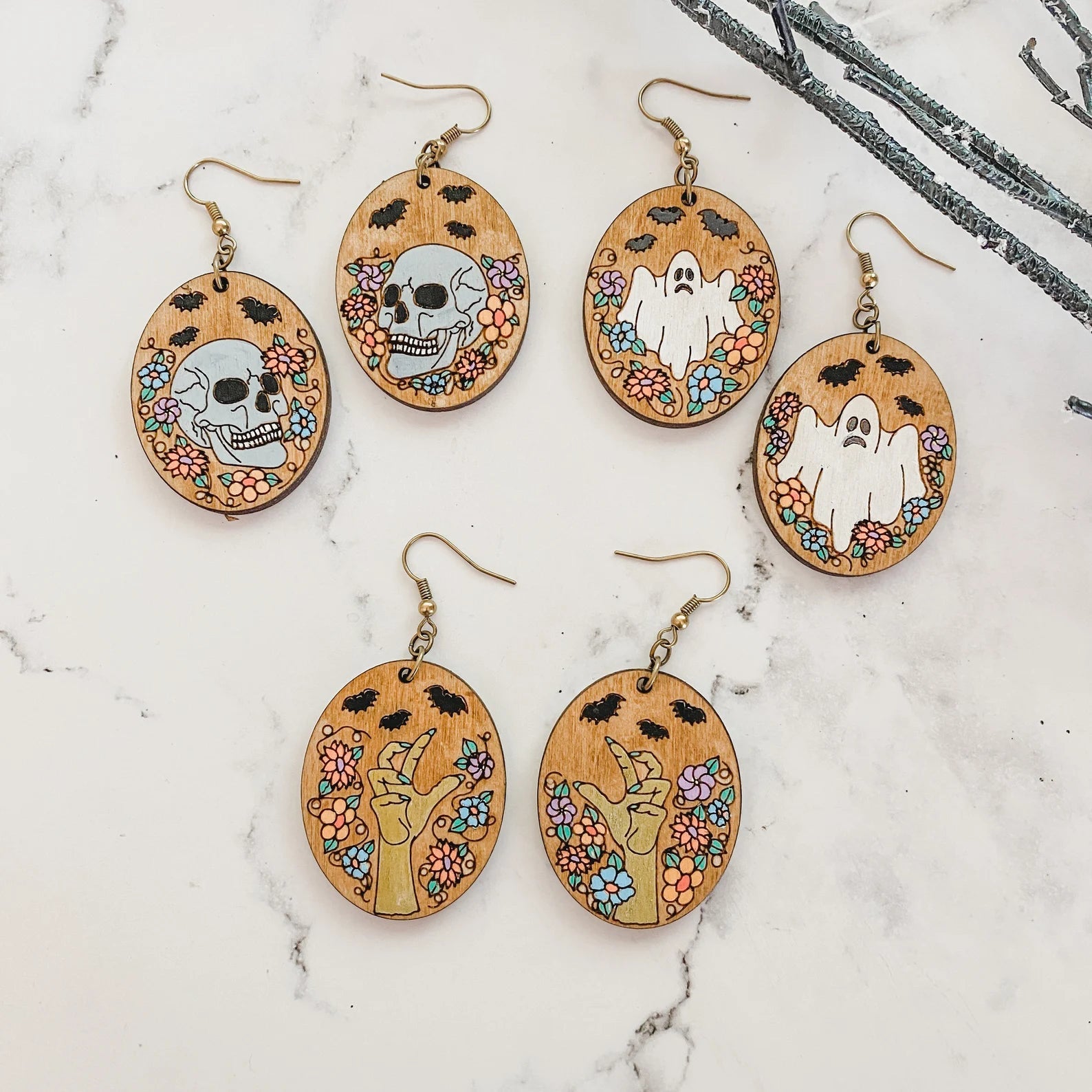 Victorian Skulls Floral Halloween Earrings